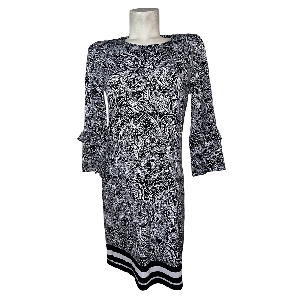 Michael Kors Womens Black White Paisley Ruffle Bell Sleeve Sheath Dress Size S